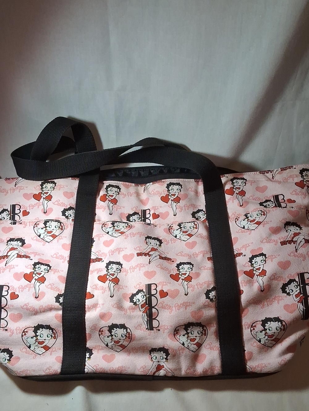 Vintage 2005 Betty Boop Pink Heart Pattern Weekend Tote Canvas Black Trim Large